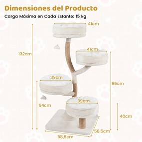 Árvore para Gatos, 58,5 x 58,5 x 132 cm, 4 Plataformas Removíveis, Branco
