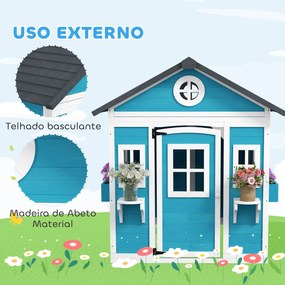 Casinha de Madeira Infantil com Porta Janelas Floreiros e Prateleiras com Detalhes Coloridos 114x126,4x135 cm Azul
