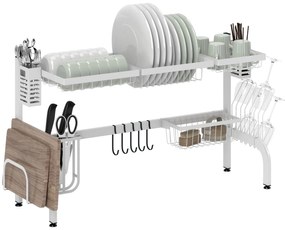 HOMCOM Escorredor de Louça de Aço Escorredor de Pratos de 2 Níveis com Prateleira para Pratos Suporte para Facas e Talheres 100x30x54,5 cm Branco