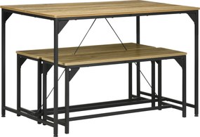 Conjunto de mesa de jantar e 2 bancos com estrutura em aço para 4 pessoas, para cozinha, sala de jantar e sala de estar, em tons naturais e pretos
