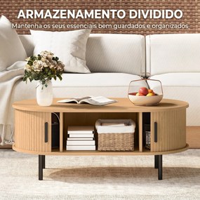 Mesa de Centro com Portas Deslizantes Mesa de Café Oval com Armazenamento Oculto 100x55x40 cm Natural