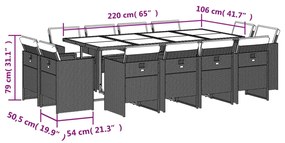 13 pcs conj. jantar jardim c/ almofadões vime PE cinzento-claro