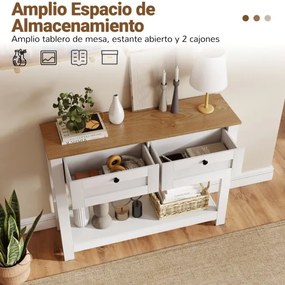 Mesa Consola Estilo Rústico 106 x 30 x 81,5 cm com 2 Gavetas e Prateleira de Armazenamento para Sala de Estar, Cozinha ou Sala de Jantar Branca
