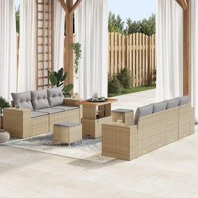 Conjunto de Sofá para Jardim de 10 Peças com Almofadas Bege Vime Polié