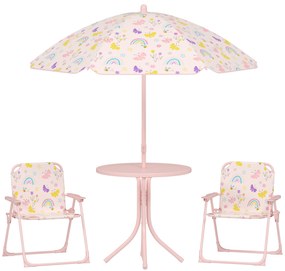 AIYAPLAY Conjunto Mesa Cadeiras Crianças Jardim Cadeiras Dobráveis Chapéu de Sol Ajustável Tema Raposas Cor Rosa | Aosom Portugal