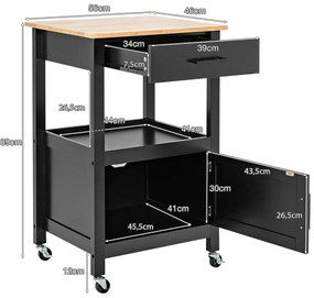 Carrinho de cozinha com rodas Ilha de serviço móvel Tampa de madeira Borracha Gaveta grande 3 ganchos Estante aberta 56 x 46 x 89 cm Preto