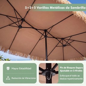 Guarda-sol Duplo para Jardim, 450 x 270 x 252 cm, Cobertura de Palha de PE, Castanho