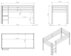 Conjunto Cama alta de Criança PINO 90 x 200 cm + estrado + escada + cortina Piratas Branca