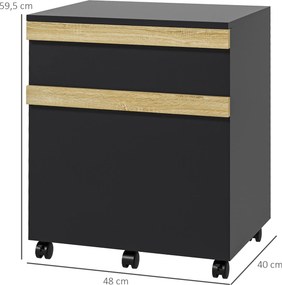 Móvel de secretária com rodas, 2 gavetas deslizantes e organizador de pastas, 48 x 40 x 59,5 cm, preto