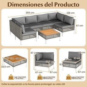 Conjunto de jardim de 7 peças em rattan PE com mesa em madeira de acácia, almofadas removíveis e pés ajustáveis em metal cinzento