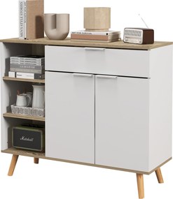 Móvel de arrumação 95 x 35 x 85 cm para cozinha com 1 gaveta, 1 armário de duas portas e 3 prateleiras ajustáveis, branco e natural