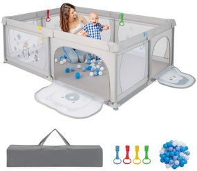 Parque infantil 206 x 147 x 68,5 cm com padrão Pinguim Tapete Centro de atividades Atóxico Bolas Transpirável Fecho de correr Cinza