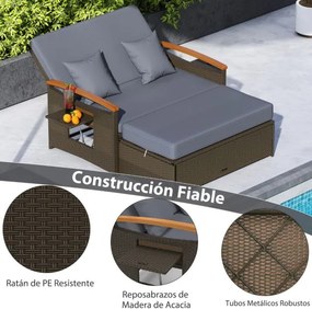 Sofá-cama de rattan para exterior com apoio para os pés com arrumação Encosto ajustável em 4 níveis e tabuleiros laterais retrácteis Castanho/cinzento