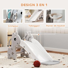 Escorrega infantil 3 em 1 em forma de girafa com cesto de basquetebol, trepa-trepa e bola, 106 x 51,5 x 52 cm, cinzento