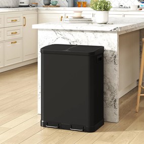 Caixote do lixo de cozinha 48,8 L x 39,5 l x 67 A cm com dois compartimentos de 2 x 30 L, com pedal em aço inoxidável e tampa com fecho suave, preto