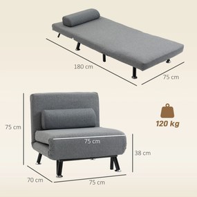 Sofá Cama Individual Dobrável com Encosto Ajustável em 5 Níveis Almofada e Estofado de Linho Sintético 75x70x75 cm Cinzento