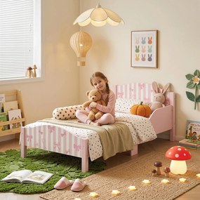 Cama de Criança com Laços, 146 x 76,5 x 54,5 cm (COLCHÃO NÃO INCLUIDO), Barreira de Segurança Elevada, Rosa