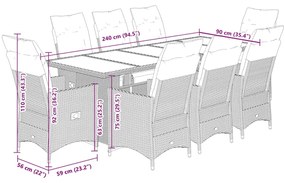 9 pcs conjunto de bistrô para jardim c/ almofadões vime PE bege