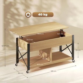Mesa de Centro Elevatória com Rodas Compartimento Oculto e Prateleiras Abertas 105x50x67 cm Madeira e preto