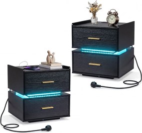 Conjunto de 2 mesas de cabeceira com estação de carregamento LED 45 x 40 x 48 cm, 2 gavetas, arrumação semi-suspensa e base metálica para sala ou quar