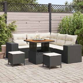 Conjunto de Sofá de Jardim 8 Peças com Almofadas Preto Rattan de Polietileno Acácia