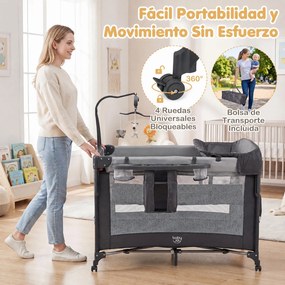 Berço de Viagem Dobrável 5 em 1, 110 x 76 x 77 cm, Altura Regulável em 4 Níveis, Preto