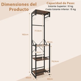 Cabide entrada com 4 prateleiras 40 x 30 x 162 cm, 6 ganchos e 3 barras de metal resistente para entrada, corredor ou quarto Castanho rústico + preto