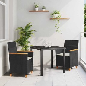 vidaXL Conjunto de Jantar Jardim 3 Peças com Almofadas Rattan PE Preto