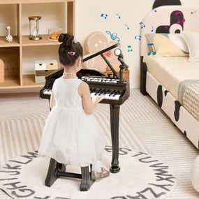 Teclado de piano para crianças com 37 teclas e banco multifuncional portátil com microfone LED e modo de ensino Preto
