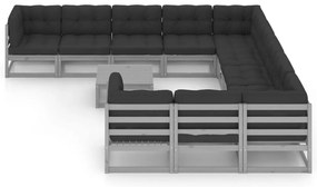 12 pcs conj. lounge de jardim + almofadões pinho maciço cinza