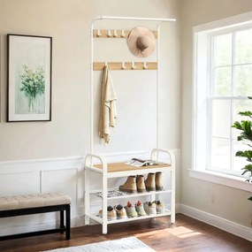 Cabide, móvel entrada com bengaleiro, com banco para sapatos 33,7 x 72 x 183 cm Branco + natural