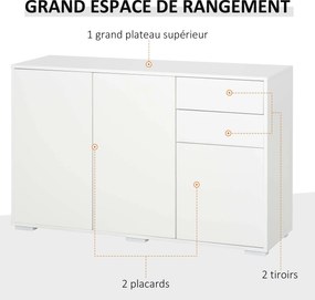 Aparador com 2 gavetas deslizantes, 3 portas e prateleira ajustável, em aglomerado, 117 x 36 x 74 cm, branco