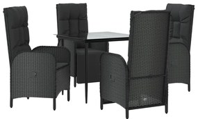 5 pcs conjunto de jantar p/ jardim c/ almofadões vime PE preto