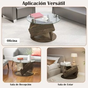 Mesa de centro redonda de cristal  moderna de 81 cm com tampo em vidro temperado transparente, pés em madeira maciça cinzenta