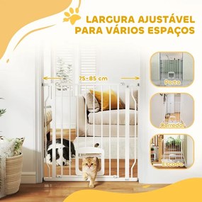 Barreira de Segurança Extensível para Cães 75-85 cm para Portas e Escadas com Portinhola Pequena Montagem por Pressão Duplo Bloqueio Branco