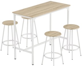 Conjunto de Móveis Altos de Bar com 5 Peças Mesa de Refeição Industrial e 4 Bancos Redondos Madeira e Branco