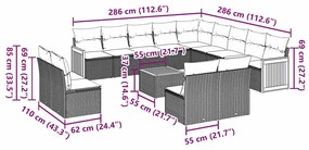 14 pcs conjunto de sofás p/ jardim c/ almofadões vime PE preto