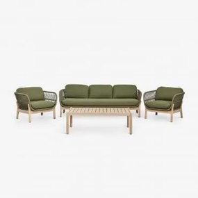 Conjunto De Jardim Karvia Com Sofá De 3 Lugares, 2 Poltronas E Mesa De Centro Em Alumínio E Madeira De Acácia Bouclé Verde Sálvia - Sklum