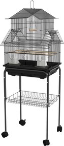 Gaiola para pássaros 50,5 x 41 x 121 cm com comedouros, poleiros, 3 portas, tabuleiro removível para excrementos + pega de transporte, preta