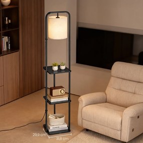 Candeeiro de pé com 3 prateleiras 29,9 x 31,8 x 160,5 cm, equipado com uma lâmpada LED e interruptor de pé, preto