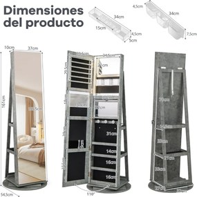 Armário giratório para joias 360° com espelho de corpo inteiro e luzes LED de 3 cores com fechadura Organizador de joias esverdeado