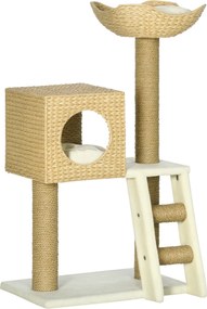 PawHut Arranhador para Gatos Arranhador para Gatos com Cama Superior Caverna 2 Almofadas 2 Postes Escada 57x37x100,5cm Bege | Aosom Portugal