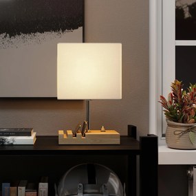Candeeiro de Mesa com Portas USB-A/C Três Ranhuras para Telemóveis Base de Madeira e Ecrã de Tecido E27 40W 25x20x40,5 cm Branco