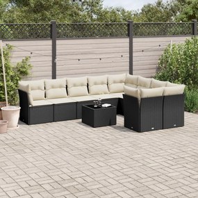 10 pcs conjunto sofás de jardim c/ almofadões vime PE preto