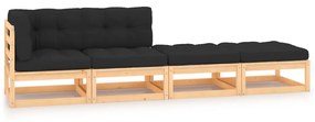 vidaXL 4 pcs conjunto lounge de jardim c/ almofadões pinho maciço