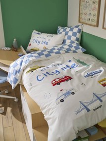 Conjunto capa de edredon + fronha de almofada para criança, com algodão reciclado, VARSITY quadrados azuis
