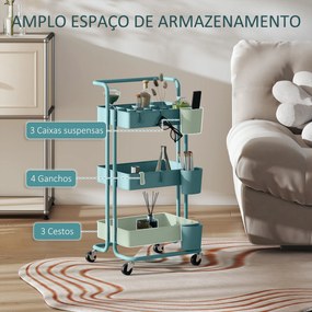 Carrinho de Cozinha de Armazenamento com 4 Ganchos 3 Cestas Removíveis 3 Caixas Suspensas 42x38x86,5cm Azul