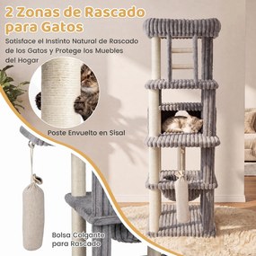 Árvore para Gatos Multinível, 91 x 61 x 180 cm, Base Ampla Antitombamento, Cinzento