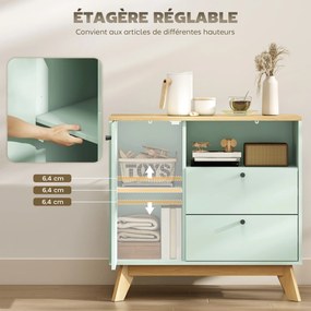Aparador de sala 80 (L) x 35 (P) x 76,3 (A) cm, móvel de arrumação com porta, 2 gavetas, compartimento aberto e prateleira ajustável, verde claro e co