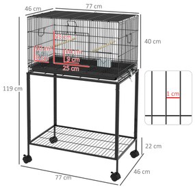 Gaiola para Pássaros com Rodas 77x46x119 cm Bandeja Amovível 2 Poleiros 2 Comedouros e Prateleira de Armazenamento Preto